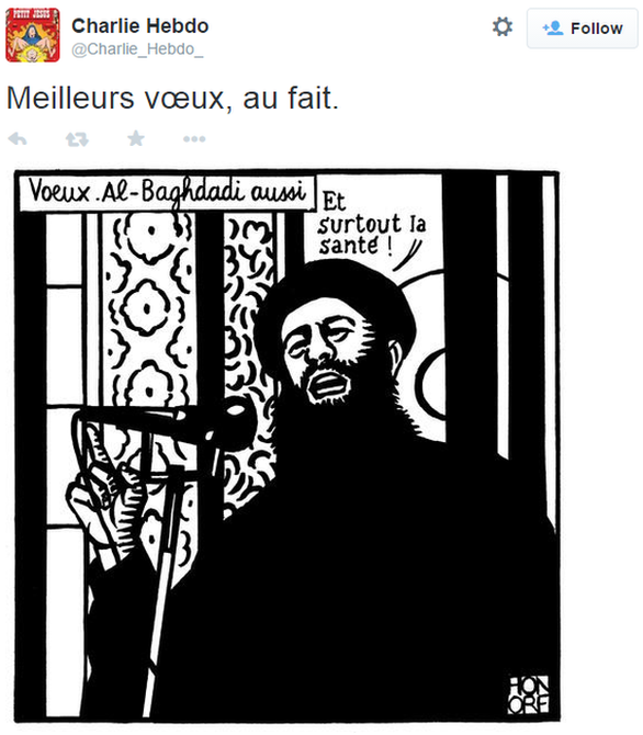 Comic caption: "Best wishes. To you too, Al-Baghdadi." Baghdadi's quote: "And especially good health."