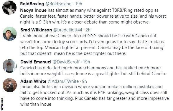 Boxing fans on Twitter discuss who is the best pound-for-pound fighter. One fan says he would rank Inoue above Canelo, while another says Mexican Canelo deserves to be top because he has won world titles in more weight divisions.