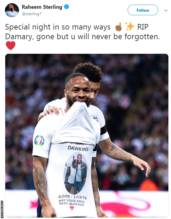 Raheem Sterling social media post paying tribute to Damary Dawkins, the 13-year-old Crystal Palace youth team player who died on Sunday