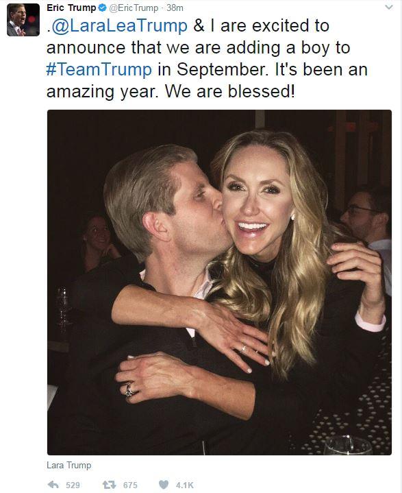 @LaraLeaTrump & I are excited to announce that we are adding a boy to #TeamTrump in September. It's been an amazing year. We are blessed!