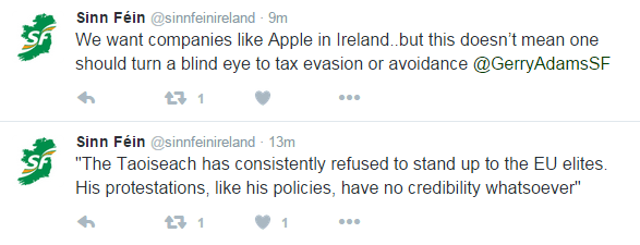 Tweets from Sinn Fein's account on 7 Sept. "We want companies like Apple in Ireland, but this doesn't mean one should turn a blind eye to tax evasion"