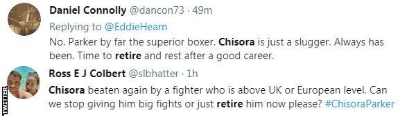 Fans on Twitter call for Chisora to retire. One fan says he was "again beaten a fighter who is above UK or European level"