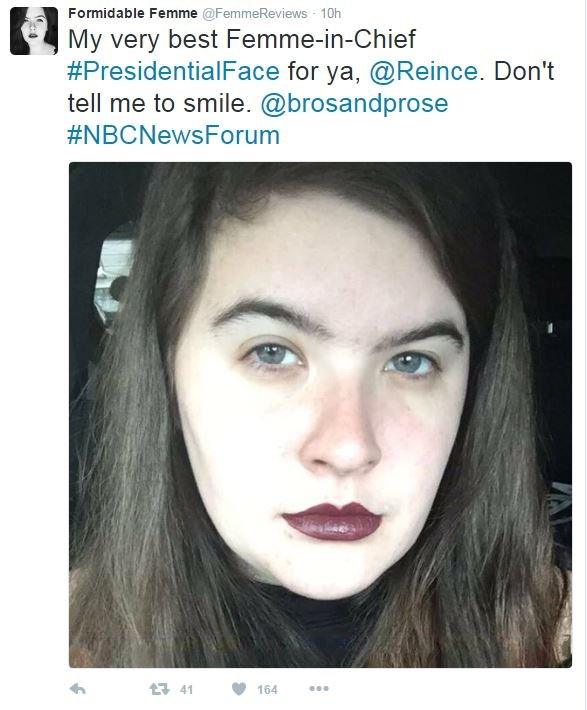 Feminist sex blogger tweets: "My very best Femme-in-Chief #PresidentialFace for ya, @Reince. Don't tell me to smile."