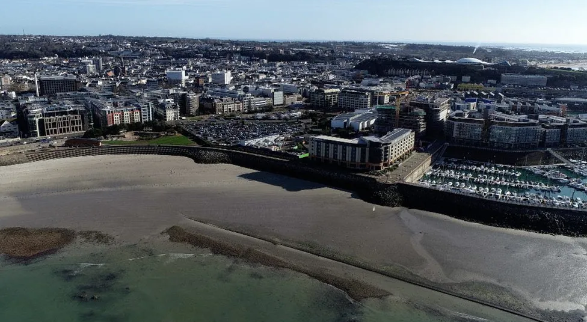 Drone shot of Jersey waterfront and finance centre