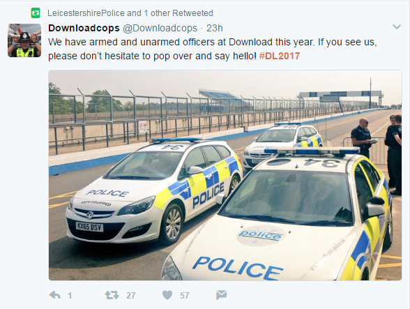 Tweet of police officers at Download