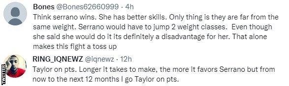 Fans on Twitter discuss Katie Taylor v Amanda Serrano. One fan says "Serrano wins", while another says "Taylor on points"