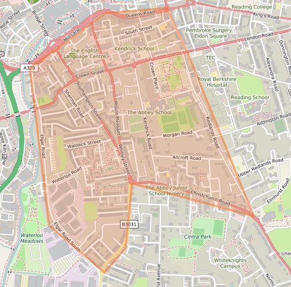 A map of Reading with an area highlighted in pink