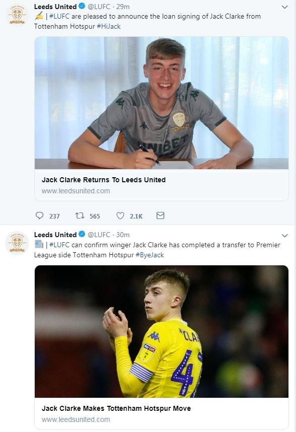 Leeds United announced the departure and return of Jack Clarke a minute apart on their Twitter feed