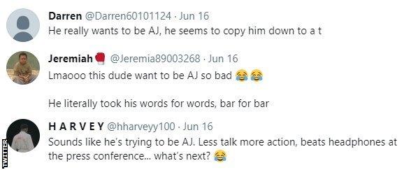 Boxing fans on Twitter point out that Deontay Wilder used the same words as Anthony Joshua, with one fan saying "this dude wants to be AJ so bad".