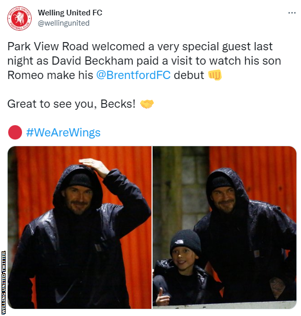 Welling United tweet saying: "Park View Road welcomed a very special guest last night as David Beckham paid a visit to watch his son Romeo make his Brentford FC debut. Great to see you, Becks!