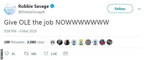 Tweet from Robbie Savage saying 'Give Ole the job now'