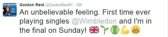 Gordon Reid tweeted his delight at reaching the men's wheelchair singles final