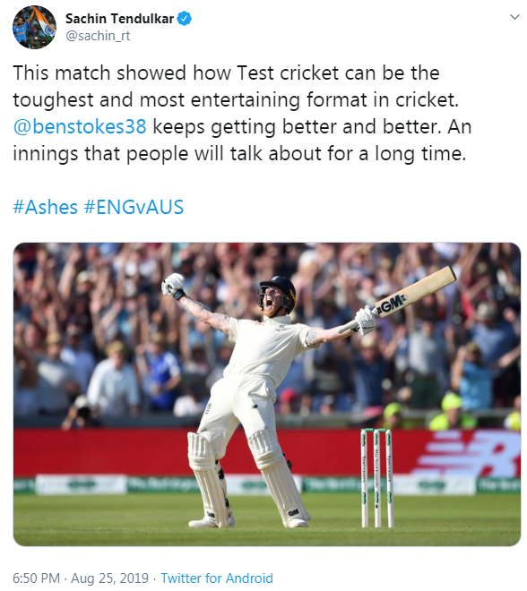 Tweet from Sachin Tendulkar congratulating Ben Stokes