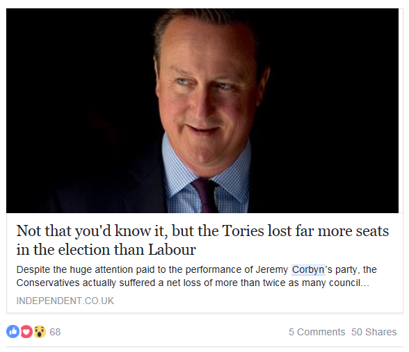 Article headline reads: Not that you'd know it, but the Tories lost far more seats in the election than Labour