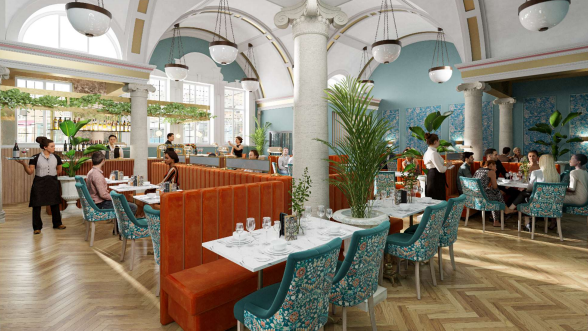 Artist's impression showing diners sitting at tables in a hall with columns and arches, being served by waiting staff 