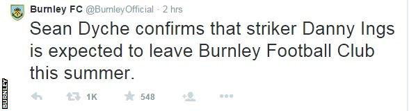 Burnley's Twitter confirms Ings exit