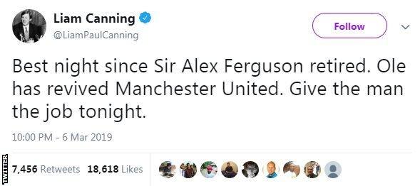 Tweet from Liam Canning saying 'Best night since Sir Alex Ferguson retired'