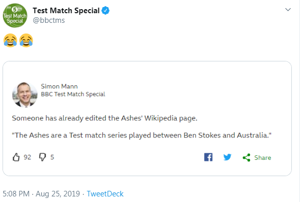 Test Match Special's tweet about Ben Stokes and the Ashes