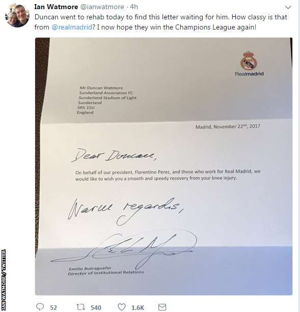 Real Madrid's letter to Duncan Watmore.