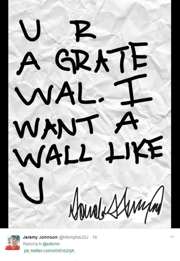 A meme saying "u r a grate wal. I want a wall like u"