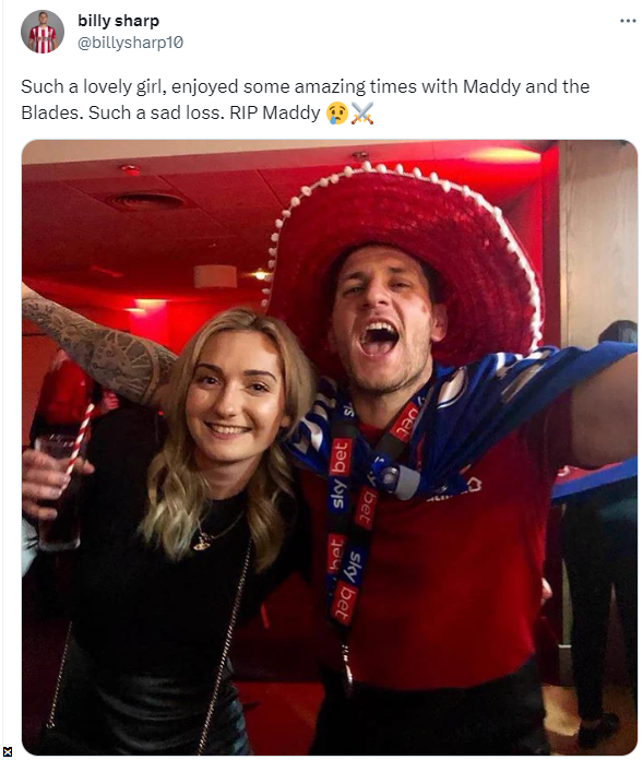 Photo posted by Billy Sharp on X of himself alongside Maddy Cusack with the caption: "Such a lovely girl. Enjoyed some amazing times with Maddy and the Blades. Such a sad loss. RIP Maddy.