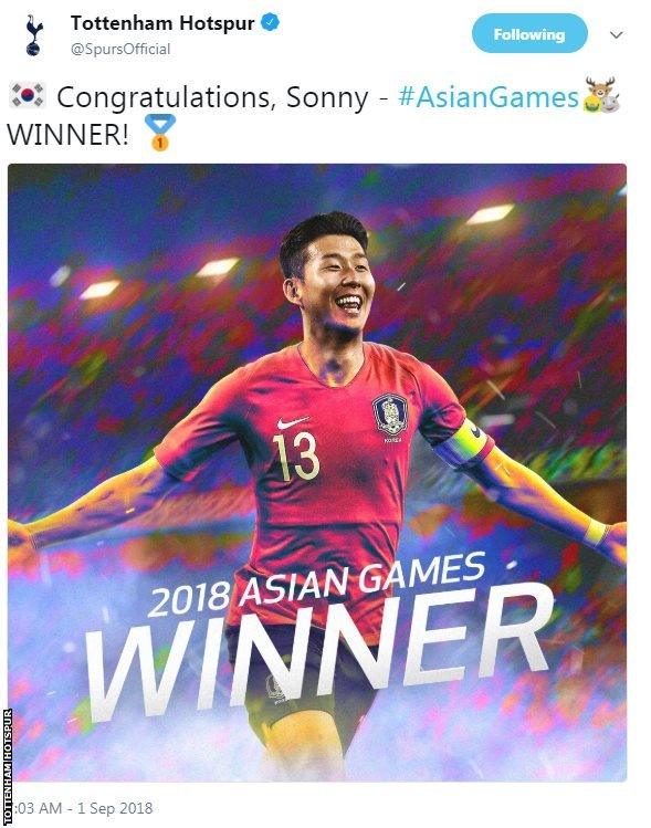 Tottenham congratulate Son on winning gold at the Asian Games