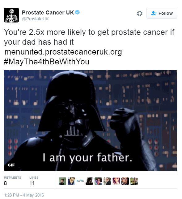 Tweet: You're 2.5x more likely to get prostate cancer if your dad has had it http://menunited.prostatecanceruk.org/ #MayThe4thBeWithYou