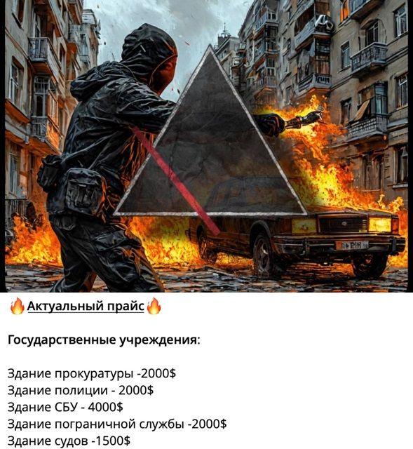 The top half of the image shows graphic illustration from a now-deleted sabotage recruitment channel on Telegram. A figure in black balaclava and clothes waves a petrol bomb on a city street in which a car and part of the road are already ablaze. In the foreground a large triangle symbol with a red line through it - the logo of the channel - has been imposed over the scene. The bottom half of the image shows an untranslated price list in Cyrillic text offering a scale of payments ranging from $1500 to $4000 for setting fire to different sorts of public and government buildings.