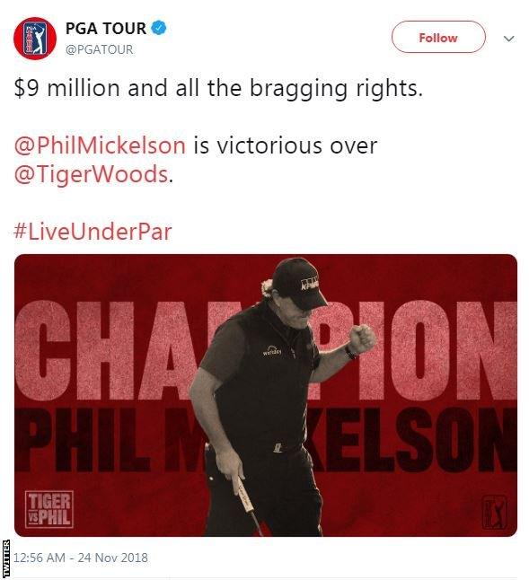 Money and bragging rights - the PGA Tour tweeted this after Mickelson's victory