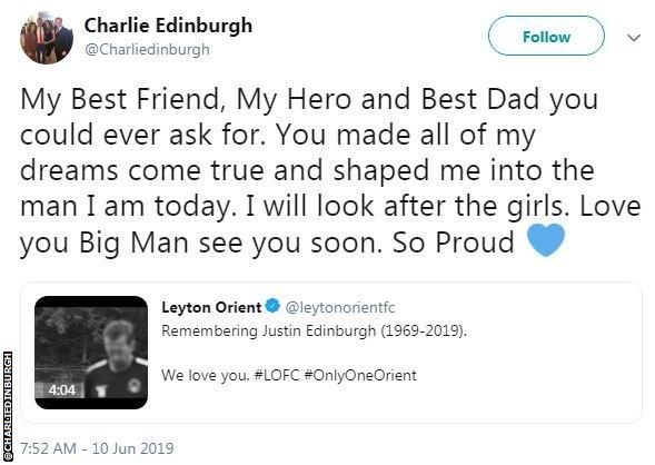 Justin Edinburgh's son Charlie posted a tribute to his late father on Twitter on Monday