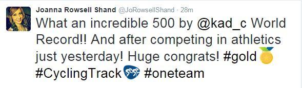 A tweet from cyclist Joanna Rowsell Shand, who won gold in the team pursuit at the Rio Olympics