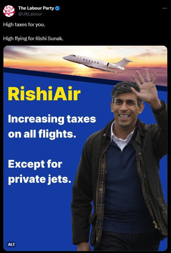 Tweet from Labour saying: Increasing taxes on all flights. Except for private jets.