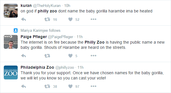 Screenshot of three tweets calling for the name Harambe