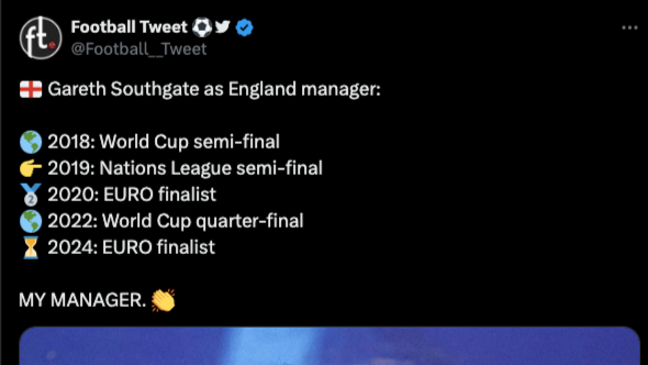 Tweet about Gareth Southgate's record.