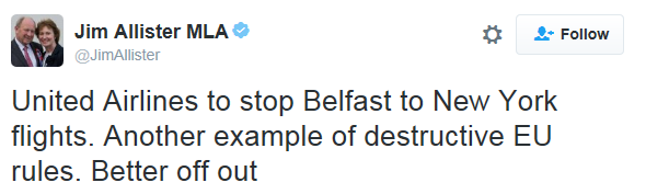 United Airlines to stop Belfast to New York flights. Another example of destructive EU rules. Better off out