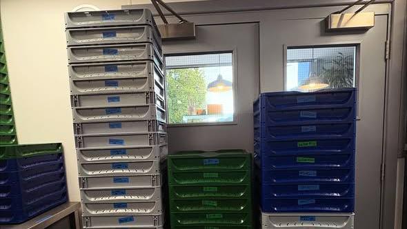 Three stacks of crates - white, green and blue. The white stack is the tallest (top of door height). There is a door in the background. Green stack is smallest. Blue stack is medium height.