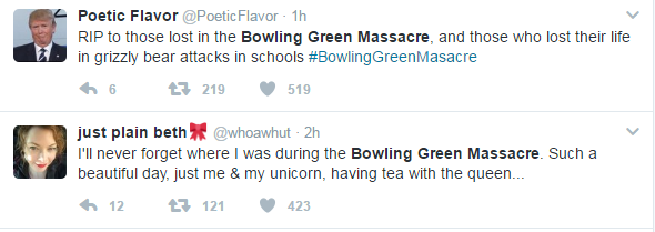 A screenshot of two tweets: one of which wishes rest to the victims of both bowling green and grizzly bear attacks in schools; another which says the author will never forget where she was that day, which she says was drinking tea with her unicorn and the queen.