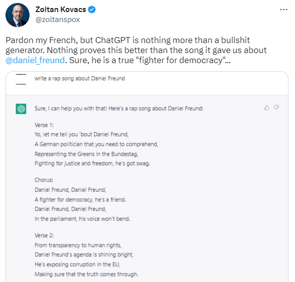 Tweet from Zoltan Kovacs with rap about Daniel Freund, reading "Yo, let me tell you 'bout Daniel Freund; a German politician that you need to comprehend; Representing the Greens in the Bundestag; Fighting for justice and freedom, he's got swag; (CHORUS) Daniel Freund; A fighter for democracy, he's a friend; Daniel Freund, Daniel Freund; In the parliament, his voice won't bend; From transparency to human rights; Daniel Freund's agenda is shining bright; He's exposing corruption in the EU; Making sure that the truth comes through"