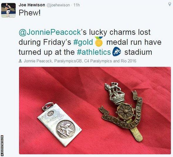 Journalist Joe Hewson shared a photo of Jonnie Peacock's lucky charms, which were found on Sunday