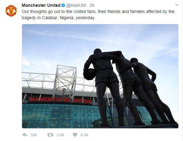 Manchester United tweet saying: "Our thoughts go out to the United fans, their friends and families affected by the tragedy in Calabar."