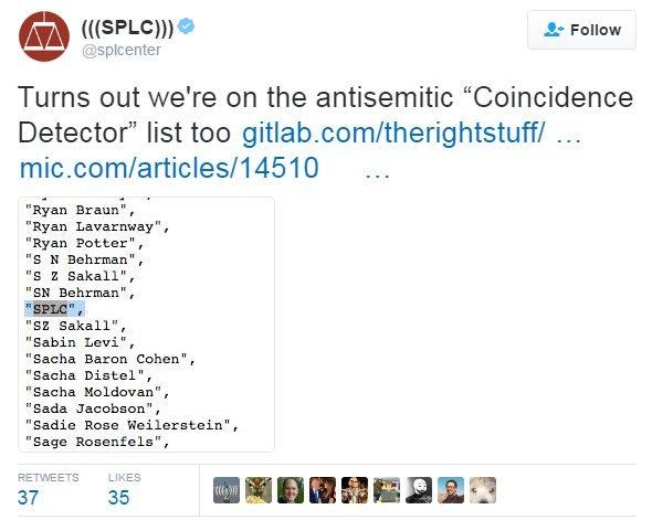 It wasn't just Jewish journalists who were included on the Coincidence Detector list, the Southern Poverty Law Centre found its name included on the list.