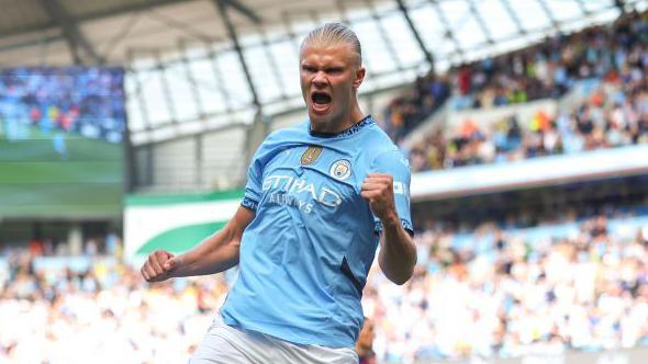 Erling Haaland celebrates scoring against Ipswich