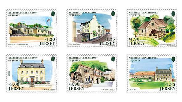 Six stamps featuring paintings of historic buildings in Jersey which have been released by Jersey Post. The buildings clockwise from top left are Greve De Lecq Barrakcs, Foot Buildings, Le Moulin De Quetivel, 16 New Street, Le Moulin De Lecq and The Elms.