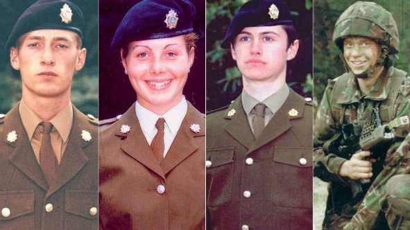 Privates Sean Benton, Cheryl James, Geoff Gray and James Collinson all in dress uniforms at Deepcut barracks.