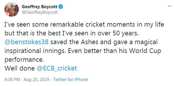 Geoffrey Boycott's tweet about Ben Stokes