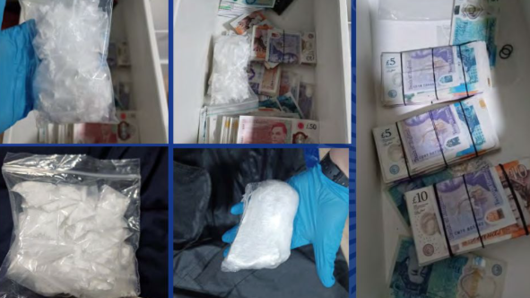 A composite image of bags of drugs and cash