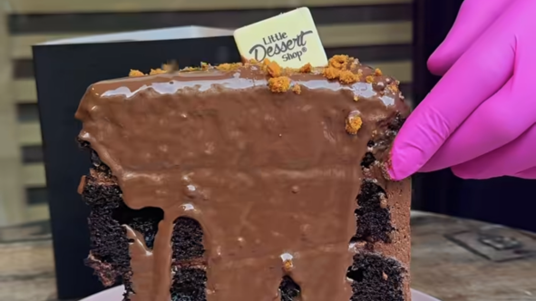 Chocolate cake with some sprinklings of biscuit on top. A hand can be seen on the right wearing a pinkish glove.