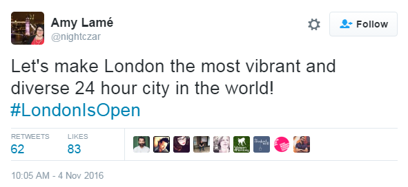 "Let's make London the most vibrant and diverse 24-hour city in the world! #LondonIsOpen," tweets the newly created @nightczar account