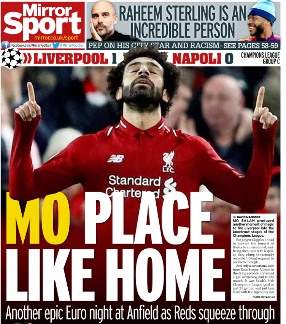 Mohamed Salah's goal came on a "epic night" at Anfield according to the Mirror
