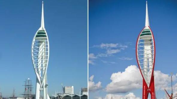 A composite image of two side-by-side views of the Spinnaker Tower, a prominent landmark in Portsmouth, England. On the left side, the tower appears in its original white colour, standing tall against a clear blue sky. Its sleek, curved structure resembles a sail, symbolizing Portsmouth’s maritime heritage. The image on the right shows a digitally altered version of the same tower. Here, the tower is coloured in red and white, giving it a bold, striking appearance. The sky remains blue but includes some scattered clouds, adding texture to the background.